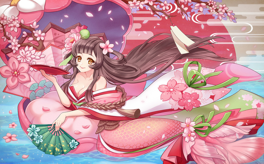 branch breasts brown_hair cherry_blossoms clam_shell cleavage cup egasumi fan flower folding_fan hair_flower hair_ornament japanese_clothes large_breasts mermaid monster_girl nightcat onmyoji petals sakazuki shouzu_(onmyoji) smile solo water yellow_eyes