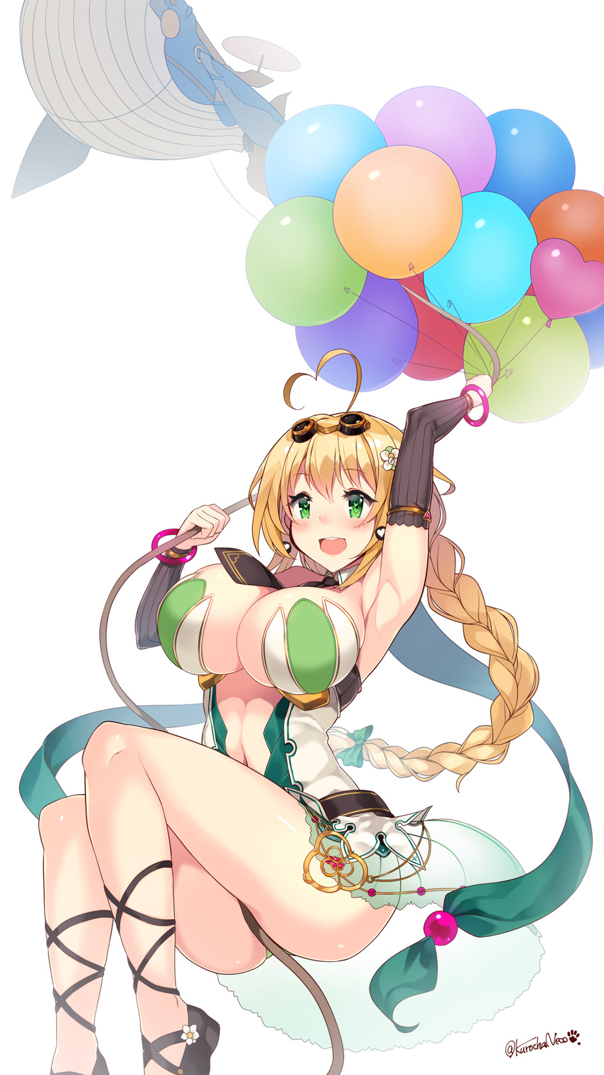 :d ahoge arm_up armpits balloon balloon_vine_(flower_knight_girl) bangle baul blonde_hair blush bracelet braid breasts elbow_gloves flower_knight_girl gloves goggles goggles_on_head green_eyes hair_ornament hair_ribbon heart_ahoge heart_balloon highres jewelry kuro_chairo_no_neko large_breasts long_hair open_mouth ribbon rope signature simple_background single_braid smile solo tales_of_(series) tales_of_vesperia twitter_username whale white_background