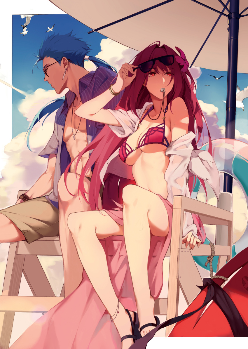 1boy 1girl absurdres alternate_costume anklet beach beach_umbrella bikini bird blue_hair blue_sky bracelet breasts buoy cloud cloudy_sky day earrings fate/grand_order fate_(series) flower hair_flower hair_intakes hair_ornament hibiscus highres jacket jewelry lancer large_breasts lifeguard_chair looking_away looking_to_the_side navel off_shoulder open_clothes open_shirt pink_bikini ponytail purple_bikini purple_hair red_eyes reroi sandals sarong scathach_(fate)_(all) scathach_(fate/grand_order) scathach_(swimsuit_assassin)_(fate) seagull shorts sky sunglasses sweat swimsuit umbrella whistle