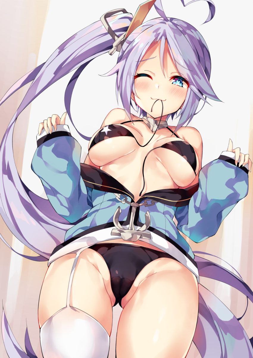 ahoge ass_visible_through_thighs azur_lane bangs bare_shoulders bikini black_bikini blue_eyes blue_jacket blush breasts cleavage eyebrows_visible_through_hair garter_straps gluteal_fold groin heart heart-shaped_pupils heart_ahoge highres jacket large_breasts long_hair looking_at_viewer mouth_hold off_shoulder one_eye_closed open_mouth portland_(azur_lane) shiny shiny_skin side_ponytail sidelocks skirt smile star star_print swimsuit symbol-shaped_pupils thighhighs unacchi_(nyusankin) untied untied_bikini very_long_hair