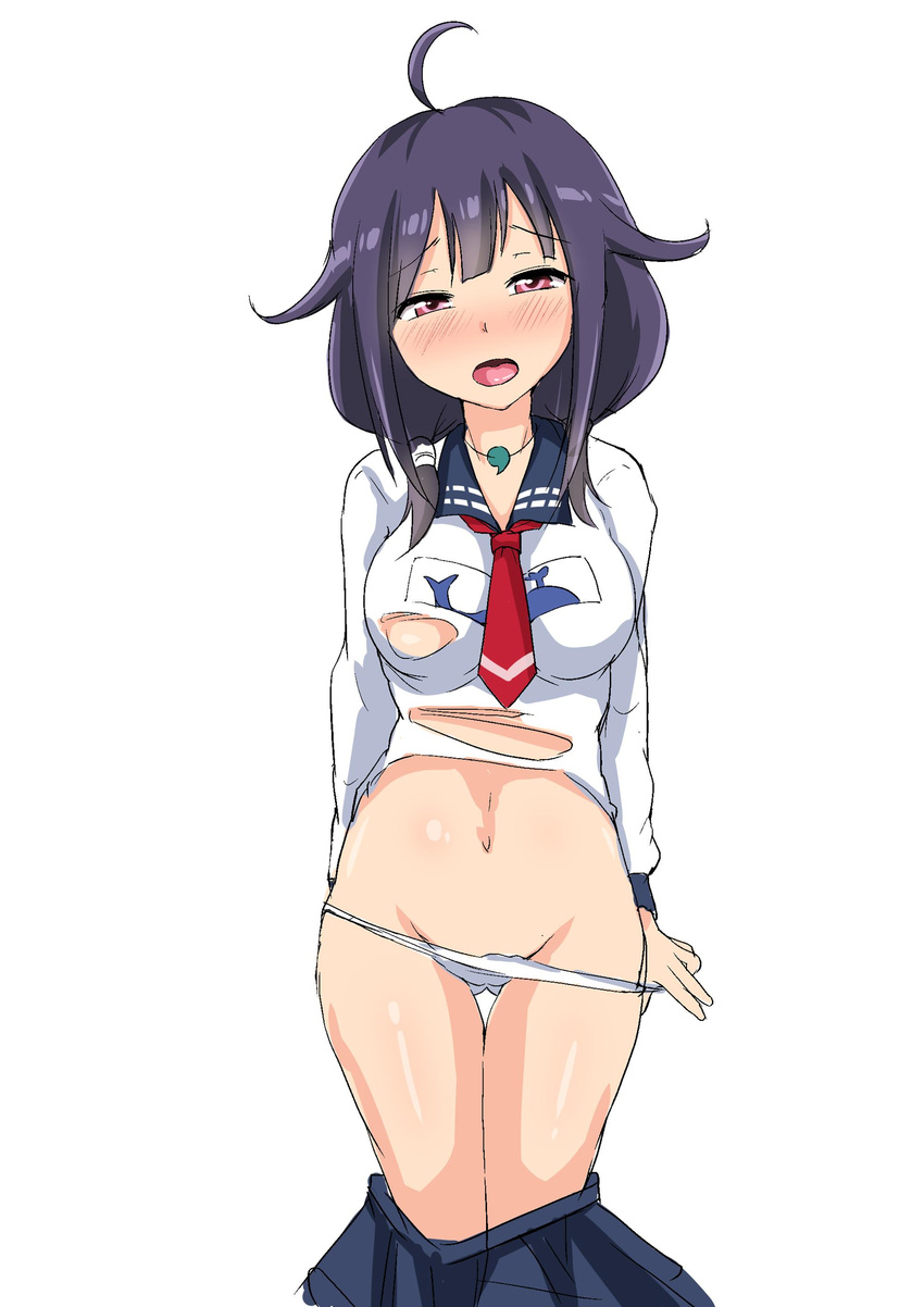 absurdres ahoge blush breasts groin half-closed_eyes head_tilt highres jack_(jackdou) jewelry kantai_collection magatama magatama_necklace medium_breasts navel necklace open_mouth panties panty_pull pendant pink_eyes pulled_by_self purple_eyes shiny shiny_skin shirt skirt skirt_pull solo taigei_(kantai_collection) torn_clothes torn_shirt underwear undressing whale white_panties