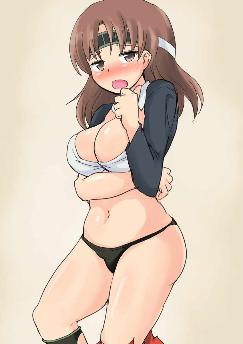 absurdres black_panties blush breasts brown_eyes brown_hair chiyoda_(kantai_collection) cleavage headband highres jack_(jackdou) kantai_collection large_breasts navel open_mouth panties solo torn_clothes underwear