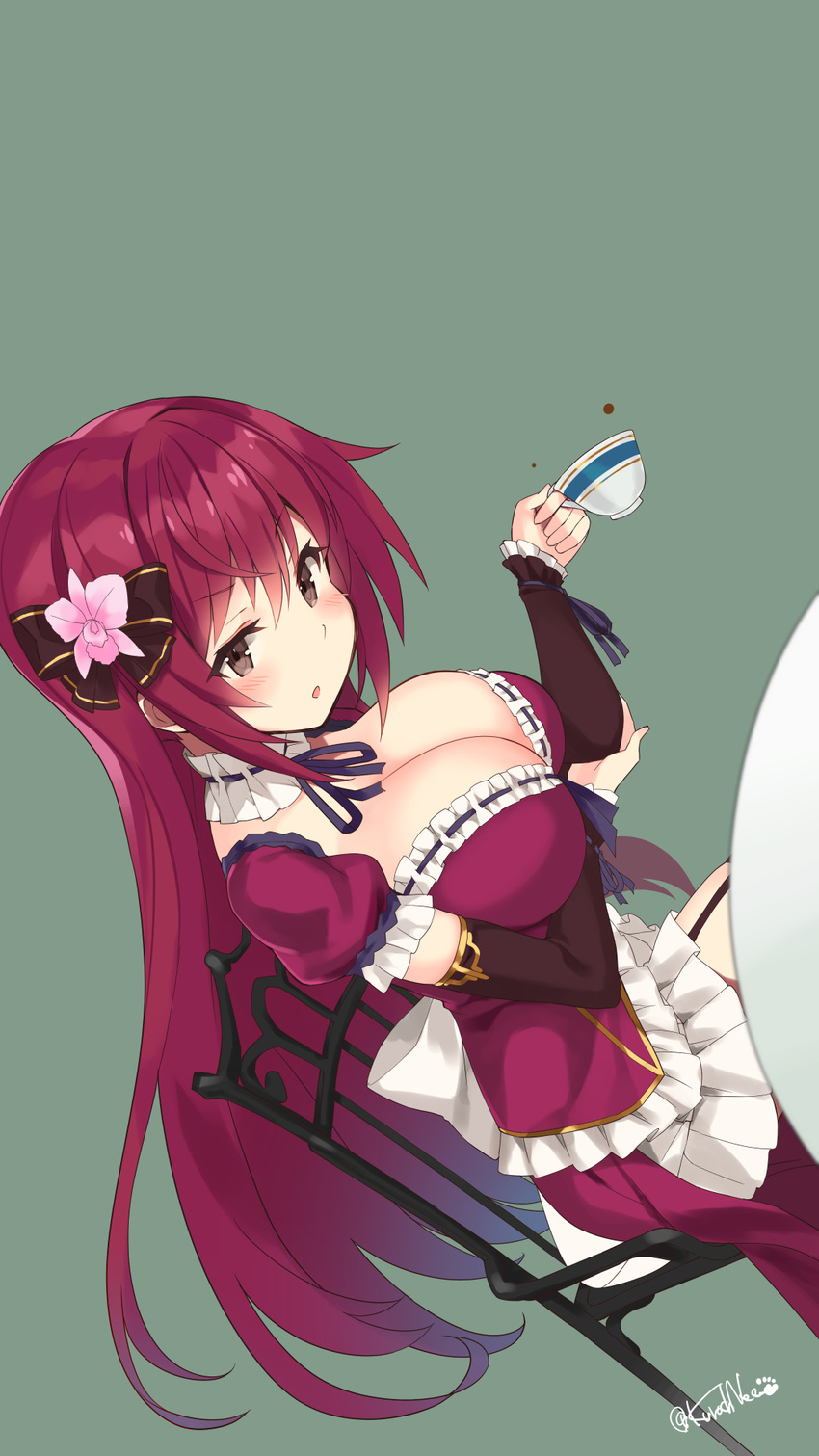 blush breasts brown_eyes cattleya_(flower_knight_girl) cleavage cup dress flower_knight_girl garter_straps highres kuro_chairo_no_neko large_breasts long_hair looking_at_viewer open_mouth purple_hair simple_background solo teacup