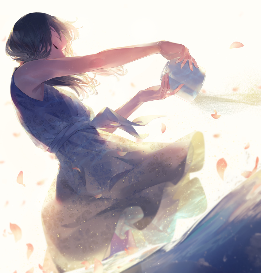 ashes bangs bare_arms bare_back bare_shoulders black_hair blue_dress blurry burial_at_sea closed_eyes cowboy_shot depth_of_field dress dutch_angle floral_print from_side hair_over_shoulder highres light_particles long_hair original outstretched_arms petals print_dress sash sleeveless sleeveless_dress solo sousou_(sousouworks) standing twintails urn wading water white_background wind