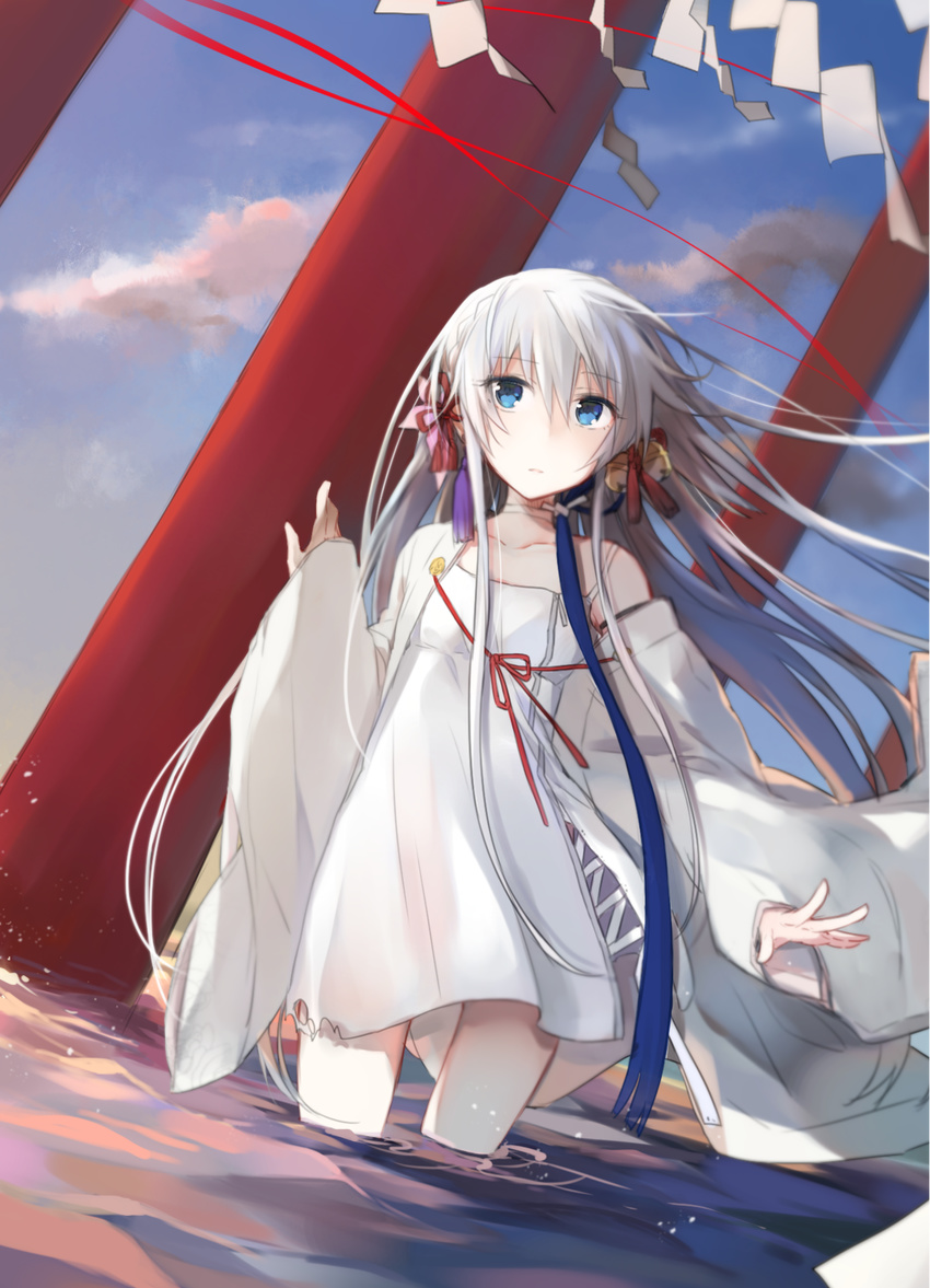 bangs blue_eyes blue_sky cloud cloudy_sky commentary_request dress dutch_angle eyebrows_visible_through_hair floating_hair grey_hair hair_between_eyes hair_ornament highres long_hair mikoto_kei multiple_torii original outdoors parted_lips shide sky solo sundress torii very_long_hair wading water white_dress white_hair
