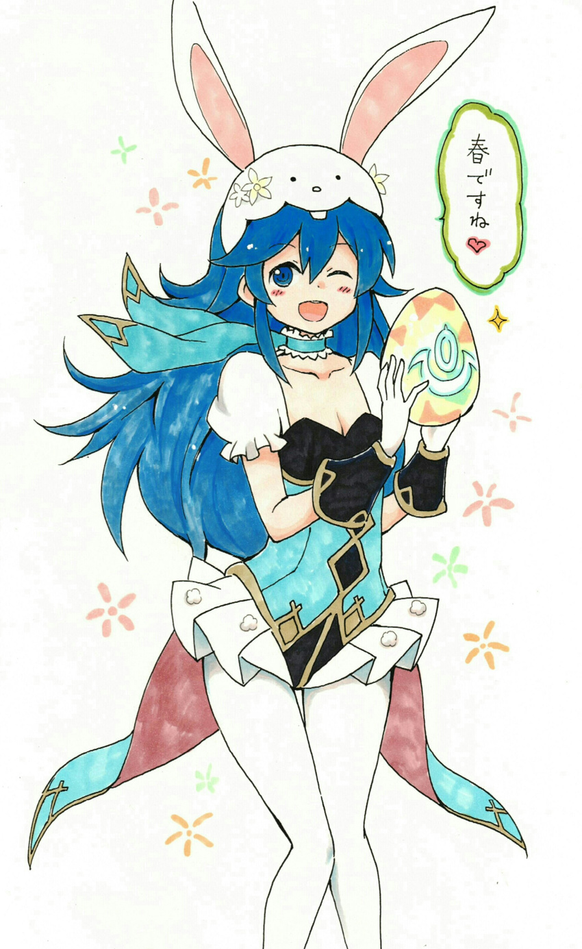 absurdres animal_ears blue_eyes blue_hair blush bunny_ears bunny_tail bunnysuit fire_emblem fire_emblem:_kakusei fire_emblem_heroes full_body gloves highres long_hair looking_at_viewer lucina marker_(medium) mehonobu_g one_eye_closed open_mouth pantyhose smile solo tail traditional_media translated