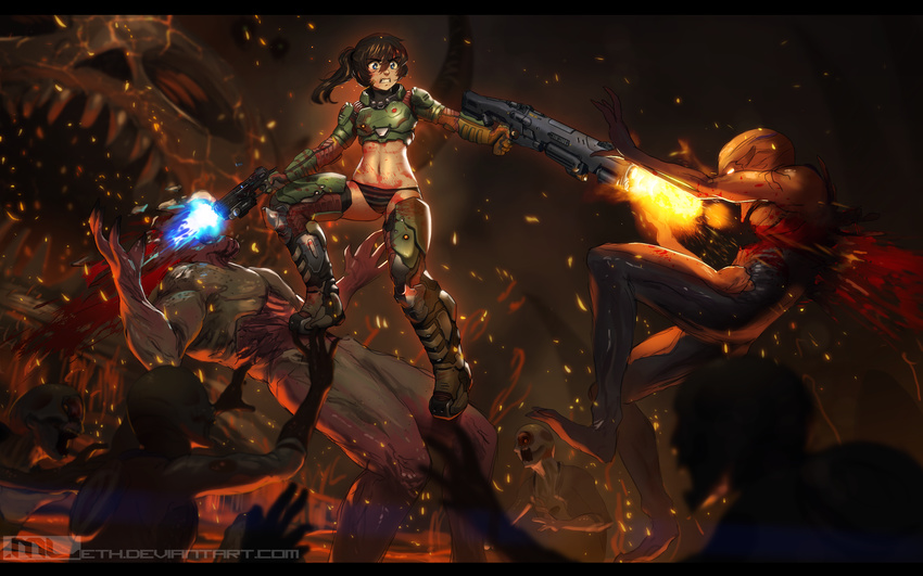 armor bared_teeth battle bikini_armor blood blood_splatter blue_eyes boots brooke_(mathias_leth) brown_hair cosplay death decapitation doom_(2016) doom_(game) doomguy dual_wielding eyebrows_visible_through_hair firing gun handgun headshot hell hell_knight highres holding imp_(doom) mathias_leth midriff muzzle_flash navel original panties pistol ponytail shotgun space_marine standing_on_person striped striped_panties the_possessed thighhighs underwear weapon