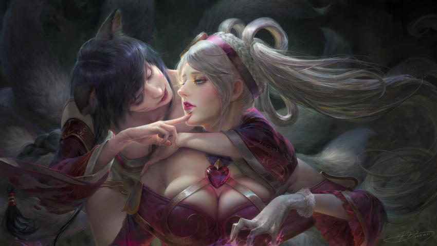 ahri animal_ears arm_around_neck bangs bare_shoulders black_hair blue_eyes braid breasts brooch cleavage couple crown_braid dated dress energy eyelashes eyeshadow facial_mark finger_to_face fingernails floating_hair fox_ears fox_tail glitter gloves hair_rings hairband half-closed_eyes head_tilt highres hug hug_from_behind jewelry lace lace-trimmed_gloves large_breasts league_of_legends lips lipstick long_fingernails long_hair looking_at_another magic makeup multiple_girls multiple_tails nail_polish off-shoulder_dress off_shoulder parted_lips pink_dress pink_lipstick red_nails signature silver_hair single_braid sona_buvelle sweetheart_sona swept_bangs tail whisker_markings white_gloves wide_sleeves yu-han_chen yuri
