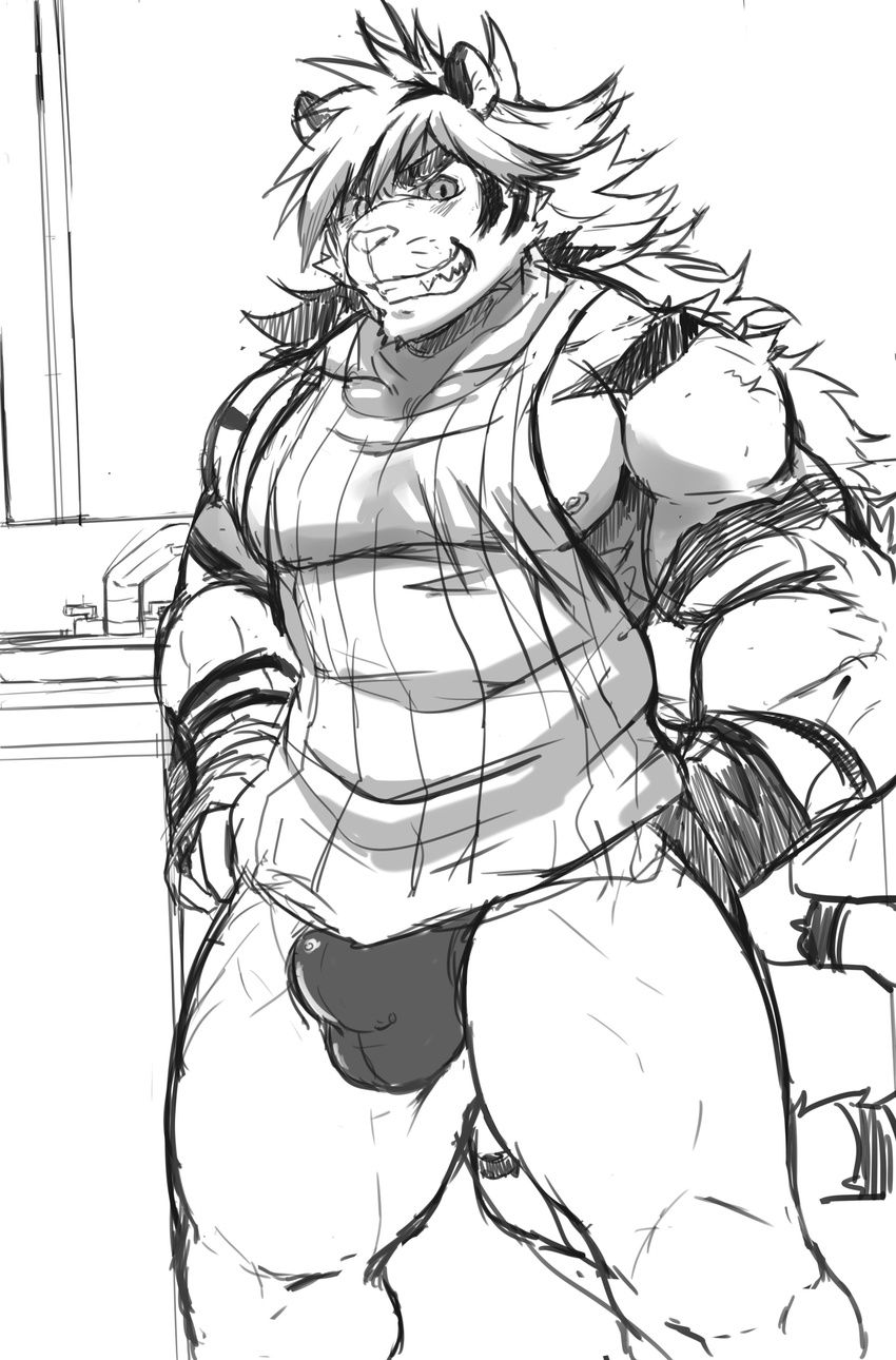 absurd_res anthro bulge clothed clothing daizuwakame131 hi_res looking_at_viewer magan mammal monochrome muscular shirt simple_background solo tokyo_afterschool_summoners underwear white_background