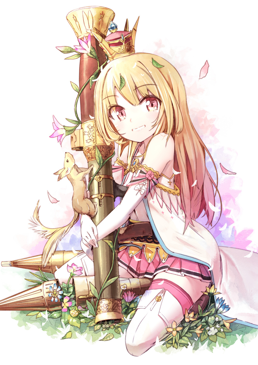 animal bazooka blonde_hair boots elbow_gloves eyebrows_visible_through_hair flower gloves grin highres kneeling long_hair looking_at_viewer miniskirt original pemu petals pink_legwear pink_skirt pleated_skirt red_eyes simple_background skirt smile solo thigh_boots thighhighs very_long_hair weapon white_background white_footwear white_gloves