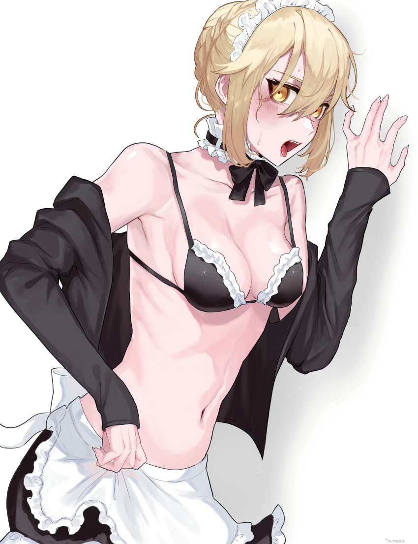 absurdres apron artoria_pendragon_(all) artoria_pendragon_(swimsuit_rider_alter) bikini black_bikini black_jacket black_ribbon black_skirt blonde_hair blush bow breasts choker cleavage clothes_down collarbone fate/grand_order fate_(series) fingernails frilled_bikini_top frilled_skirt frills hair_between_eyes hakisou highres jacket leaning_forward long_fingernails looking_at_viewer maid_headdress medium_breasts miniskirt navel neck_ribbon open_clothes open_jacket open_mouth ribbon short_hair side_ponytail simple_background skirt solo standing sweat swimsuit tongue tongue_out waist_apron white_apron white_background white_bow yellow_eyes