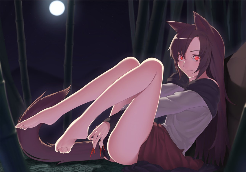 animal_ears bamboo bangs bare_legs barefoot brown_hair fingernails full_body full_moon imaizumi_kagerou kaiza_(rider000) long_fingernails long_hair looking_at_viewer moon night night_sky outdoors plantar_flexion reclining red_eyes red_skirt skirt sky smile solo tail touhou wolf_ears wolf_tail