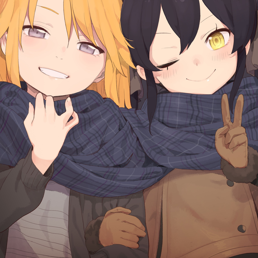 absurdres arm_holding black_coat black_hair blonde_hair blush brown_coat closed_mouth coat commentary_request doremi grin hand_on_another's_arm highres idolmaster idolmaster_cinderella_girls korean_commentary lavender_eyes long_hair long_sleeves matoba_risa multiple_girls one_eye_closed orange_hair plaid plaid_scarf scarf side-by-side smile teeth v yellow_eyes yuuki_haru