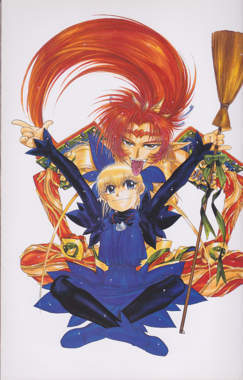 bare_shoulders black_legwear blonde_hair blue_dress blue_eyes blue_skirt bridal_gauntlets broom gunbird hair_ribbon hoop_earrings kerchief long_ears looking_at_viewer marion nakamura_hirofumi official_art pantyhose pointy_ears ponytail psikyo red_hair ribbon skirt traditional_art twintails yuan_nang