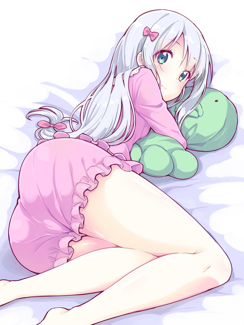 ass bangs bed bloomers blouse blue_eyes blue_hair blush closed_mouth eromanga_sensei eyebrows_visible_through_hair frills hair_ribbon highres izumi_sagiri legs legs_folded legs_together long_hair looking_at_viewer lying object_hug on_side pajamas pillow pillow_hug pink_blouse pink_pajamas ribbon silver_hair solo stuffed_animal stuffed_octopus stuffed_toy thighs underwear yamabuki_zarame