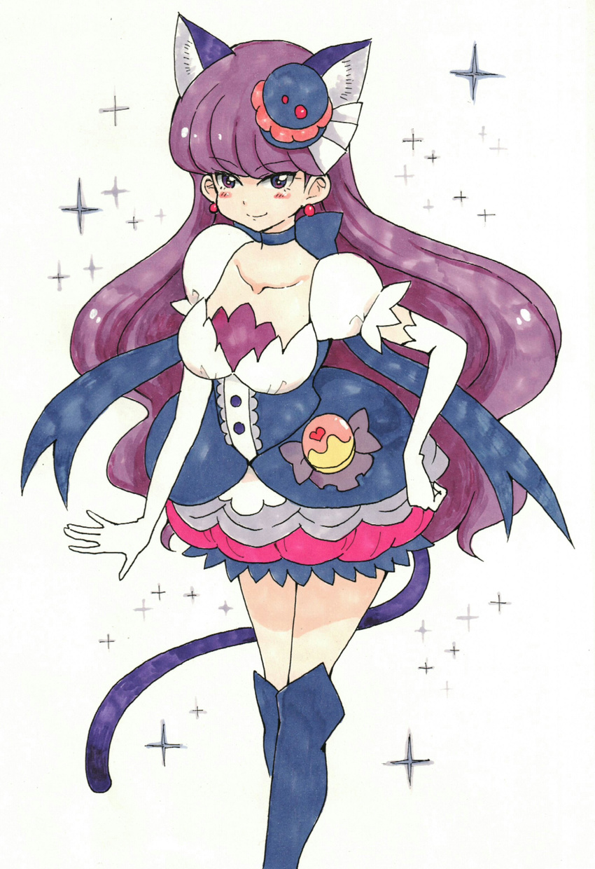 absurdres animal_ears bangs blush_stickers boots cat_ears cat_tail choker cure_macaron earrings elbow_gloves extra_ears food_themed_hair_ornament gloves hair_ornament highres jewelry kirakira_precure_a_la_mode kotozume_yukari long_hair looking_at_viewer macaron_hair_ornament magical_girl marker_(medium) mehonobu_g precure purple_eyes purple_hair smile solo sparkle tail thighhighs traditional_media very_long_hair white_gloves zettai_ryouiki