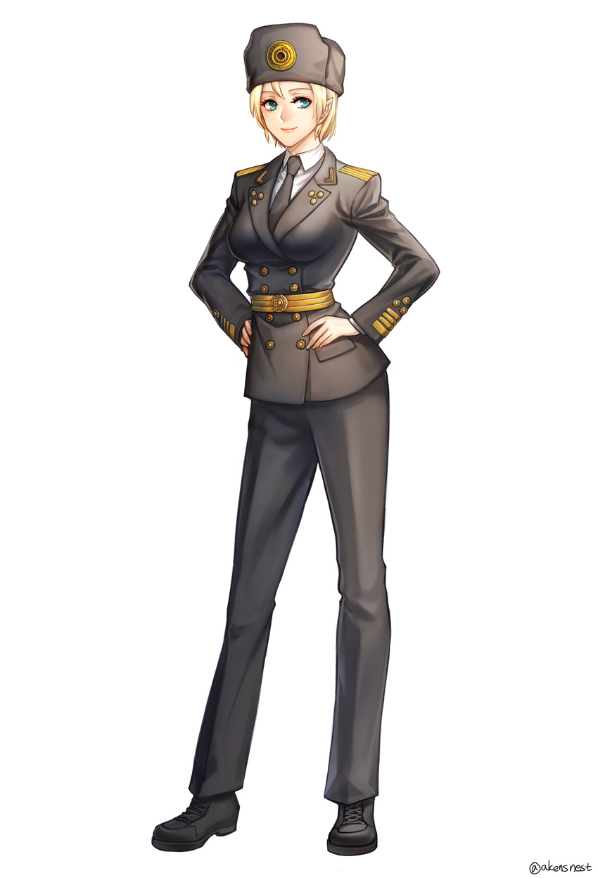 aken black_footwear black_neckwear blonde_hair blue_eyes breasts closed_mouth commentary_request epaulettes formal full_body hands_on_hips hat highres large_breasts long_sleeves looking_at_viewer military military_uniform necktie pant_suit pointy_ears shoes short_hair smile solo standing suit uniform
