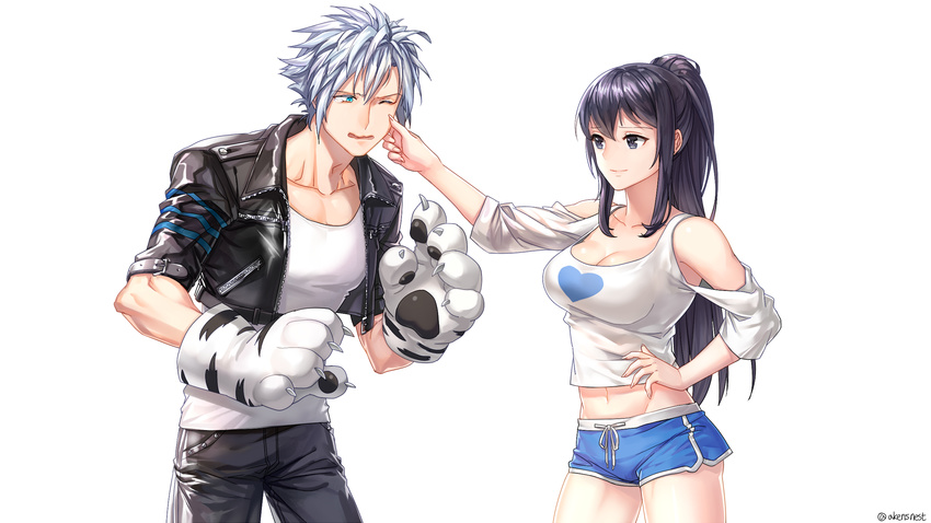 1girl aken bare_shoulders black_eyes black_hair black_jacket black_pants blue_eyes breasts cheek_pinching cleavage closed_mouth collarbone commentary_request cowboy_shot cropped_jacket dungeon_and_fighter fighter_(dungeon_and_fighter) gloves groin hair_between_eyes hand_on_hip heart heart_print highres jacket large_breasts long_hair looking_at_another male_fighter_(dungeon_and_fighter) navel one_eye_closed open_clothes open_jacket pants parted_lips paw_gloves paws pinching ponytail shirt short_hair short_shorts shorts shoulder_cutout sidelocks silver_hair smile spiked_hair stomach wavy_mouth white_shirt