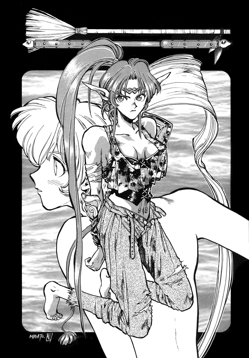angry back bare_shoulders barefoot belt breasts broom bustier cleavage crop_top denim gunbird jeans kneeling long_ears looking_at_viewer marion monochrome natsumoto_masato navel nude official_art open_clothes pointy_ears ponytail psikyo staff torn_clothes unbuckled_belt unzipped yuan_nang