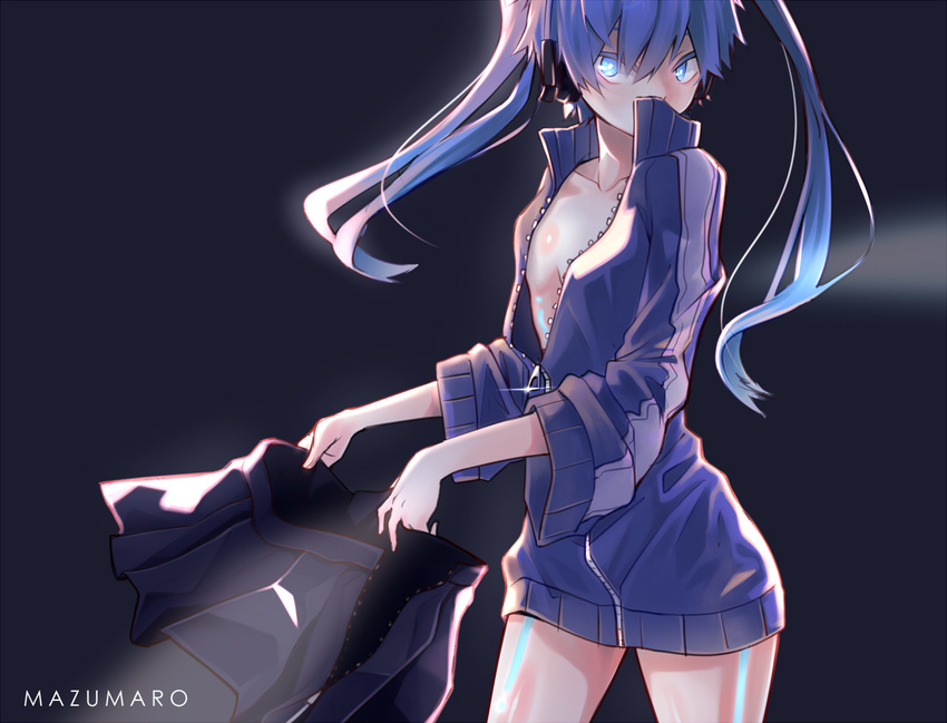 blue_eyes blue_hair blue_outerwear bottomless covered_mouth dark_background enomoto_takane female headphones holding_clothes holding_object jacket kagerou_project long_hair long_sleeves mazumaro no_bra pleated_skirt skirt solo track_jacket twintails undressing unzipped zipper