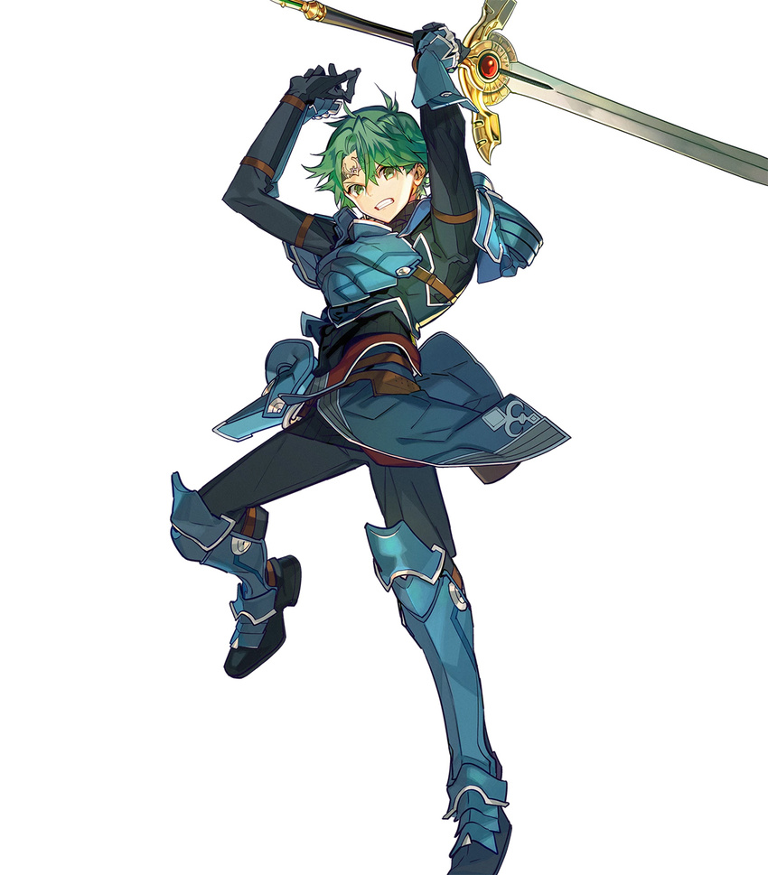 alm_(fire_emblem) arai_teruko armor armored_boots boots fire_emblem fire_emblem_echoes:_mou_hitori_no_eiyuuou fire_emblem_heroes full_body gloves green_eyes green_hair headband highres left-handed male_focus official_art simple_background solo sword teeth weapon white_background