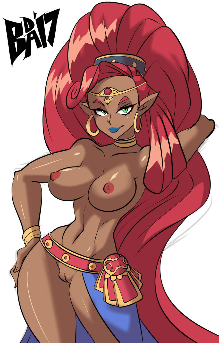 1girl areolae bigdead93 blue_lips breasts dark_skin green-eyes green_eyes hand_on_hip highres hips hoop_earrings lipstick looking_at_viewer medium_breasts nipples pointy_ears posing pussy red_hair smile solo stomach the_legend_of_zelda the_legend_of_zelda:_breath_of_the_wild toned urbosa very_long_hair