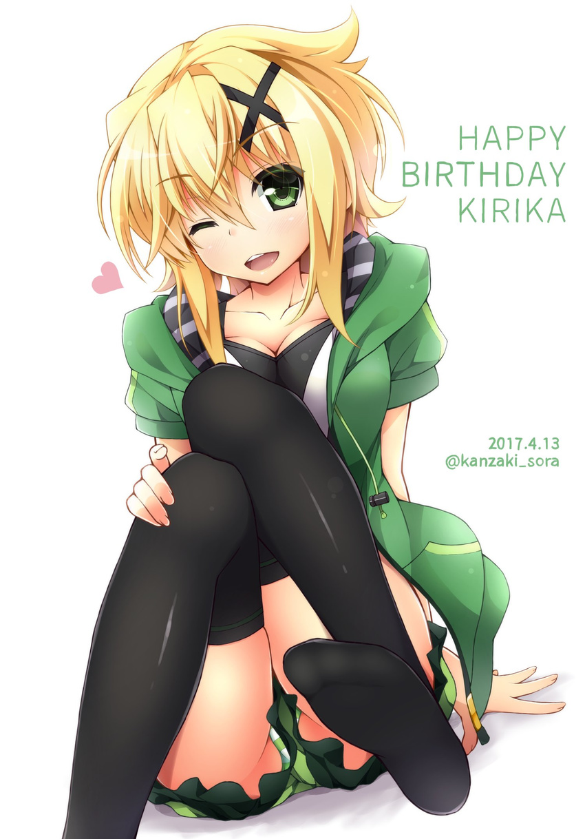 ;d akatsuki_kirika blonde_hair blush breasts cleavage commentary_request dated eyebrows_visible_through_hair eyes_visible_through_hair green_eyes hair_ornament happy_birthday heart highres hood hoodie kanzaki_sora large_breasts looking_at_viewer medium_breasts one_eye_closed open_mouth panties pantyshot pantyshot_(sitting) senki_zesshou_symphogear shiny shiny_hair shiny_skin short_hair shorts sitting smile solo striped striped_panties text_focus twitter_username underwear unzipped x_hair_ornament