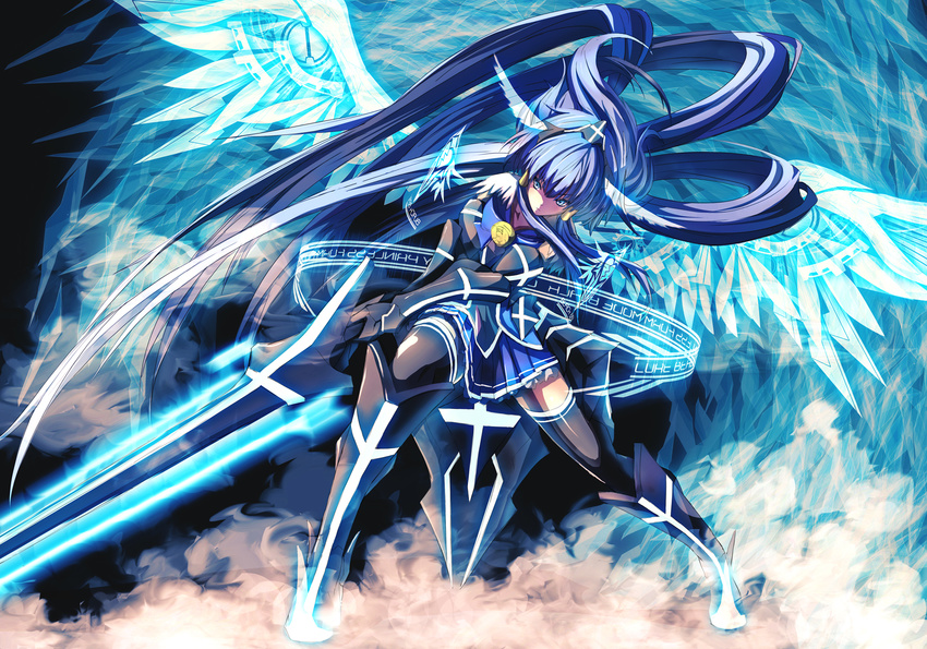 adapted_costume aoki_reika armor armored_dress bad_id bad_pixiv_id blue blue_eyes blue_hair cure_beauty hair_ornament hair_tubes highres long_hair merontomari ponytail precure revision ribbon skirt smile_precure! solo sword very_long_hair weapon wings