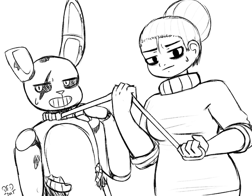 2017 animatronic clothed clothing collar datfurrydude duo female five_nights_at_freddy's five_nights_at_freddy's_3 human lagomorph looking_at_viewer machine male mammal rabbit robot rudy_(fansmut) springtrap_(fnaf) sweat sweater video_games