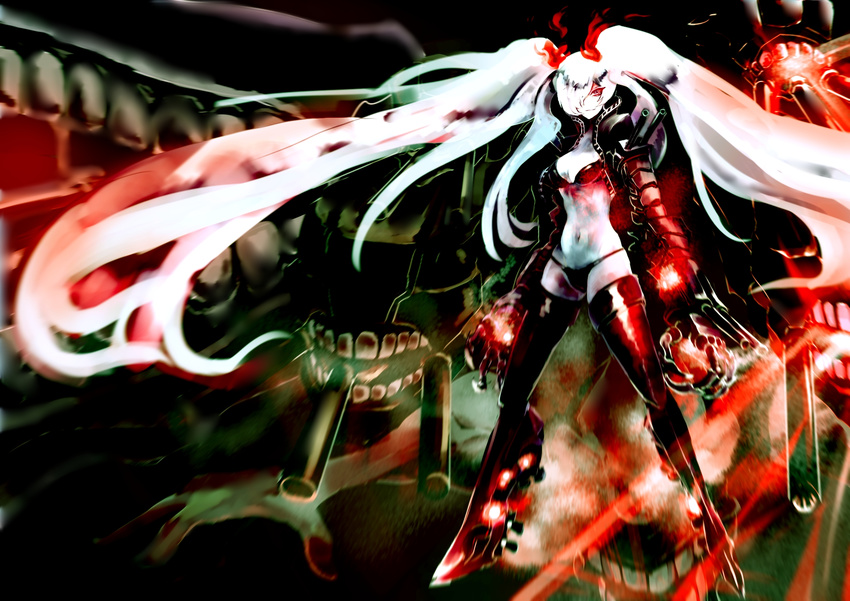 absurdly_long_hair bikini black_bikini boots breasts burning_hair_ties cannon claws cleavage commentary_request cropped_jacket fufu_(fufuichi04) gauntlets glowing_mouth hair_blowing hair_over_one_eye highres kantai_collection long_hair looking_at_viewer mechanical_arms medium_breasts motion_blur red_eyes rigging shinkaisei-kan smoke solo southern_ocean_war_oni swimsuit teeth thigh_boots thighhighs turret twintails very_long_hair white_hair