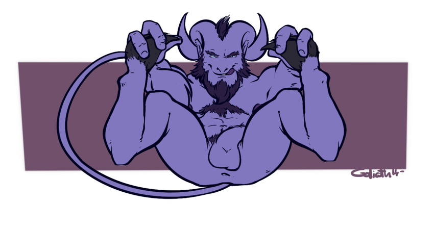 anthro anus armpits balls body_hair chest_hair deadgoliath fur looking_at_viewer male presenting purple_fur rikimaru_the_stealth_assassin satyr simple_background solo spreading tongue tongue_out