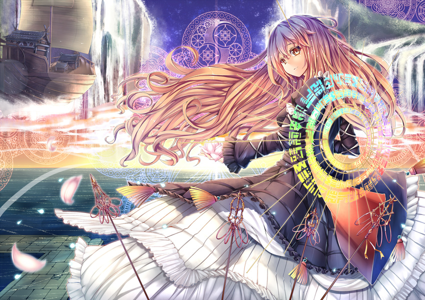 aircraft airship brown_eyes brown_hair dress gradient_hair hijiri_byakuren kantarou_(nurumayutei) long_hair magic_circle multicolored_hair palanquin_ship petals purple_hair revision shakujou smile solo sorcerer's_sutra_scroll staff touhou very_long_hair