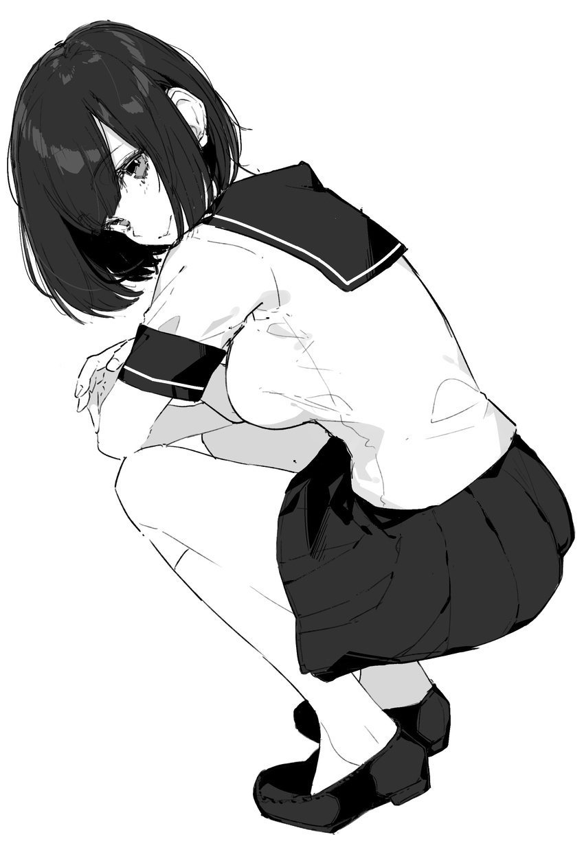 absurdres bangs bob_cut breasts crossed_arms ear eyebrows_visible_through_hair from_side greyscale highres kayahara kneehighs light_smile loafers looking_at_viewer looking_back medium_breasts monochrome original parted_lips pleated_skirt school_uniform serafuku shoes short_hair short_sleeves simple_background sketch skirt solo squatting