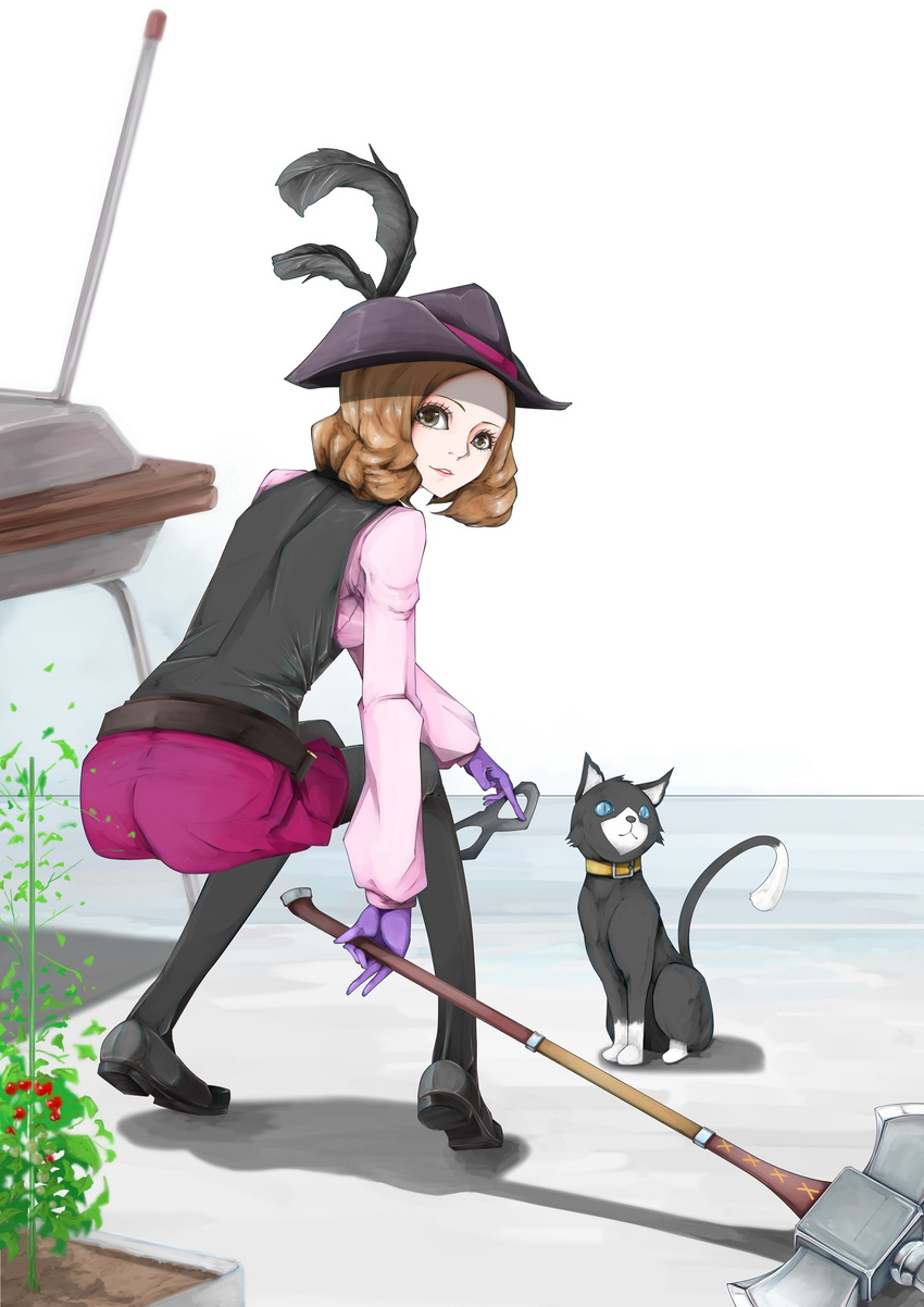 1girl artist_request ass axe_(weapon) blue_eyes breasts brown_eyes brown_hair cat collar curly_hair feather gloves hat light_smile loafers looking_at_viewer mask mask_removed morgana_(persona) okumura_haru pantyhose parted_lips persona persona_5 shadow shoes short_hair shorts smile squatting weapon