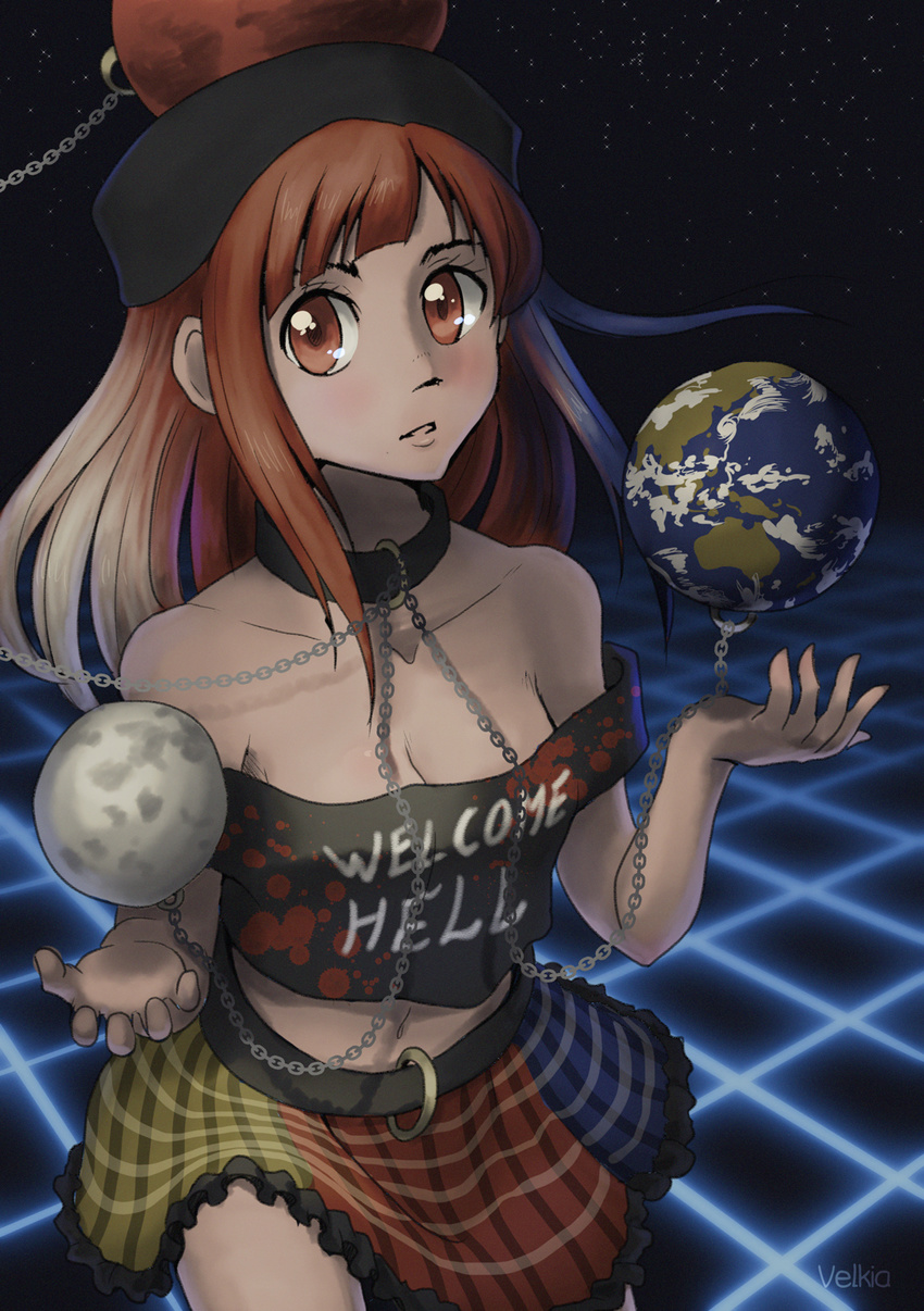 bare_shoulders blush breasts cleavage collarbone commentary_request crop_top hecatia_lapislazuli highres midriff miniskirt multicolored multicolored_clothes multicolored_skirt navel off-shoulder_shirt plaid plaid_skirt polos_crown red_eyes red_hair shirt skirt small_breasts touhou velkia