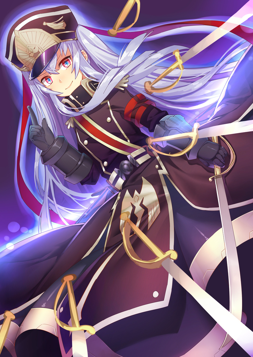 absurdres altair_(re:creators) belt bracer commentary_request gauntlets gloves greatcoat hair_ribbon hat high_collar highres kibanda_gohan long_hair military military_uniform purple_hair re:creators red_eyes ribbon saber_(weapon) shako_cap simple_background solo sword uniform very_long_hair weapon white_hair