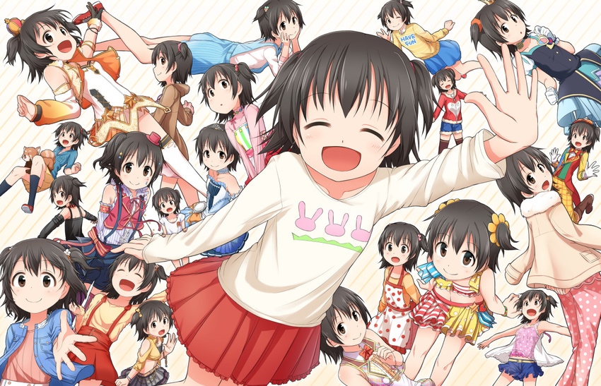 akagi_miria ayami_(ayanoayanosuke) black_hair brown_eyes closed_eyes costume gloves hat idolmaster idolmaster_cinderella_girls idolmaster_cinderella_girls_starlight_stage jacket mini_hat mini_top_hat multiple_persona navel open_mouth outstretched_arm outstretched_hand short_hair skirt star!! starry_sky_bright suspenders tanuki thighhighs top_hat twintails two_side_up white_gloves