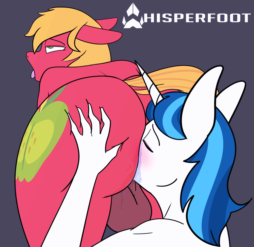 2017 anal anthro anthrofied balls big_macintosh_(mlp) blue_hair butt cutie_mark dock duo equine eyes_closed friendship_is_magic hair hi_res horn horse male male/male mammal my_little_pony nude oral pony rimming sex shining_armor_(mlp) simple_background tongue tongue_out unicorn whisperfoot