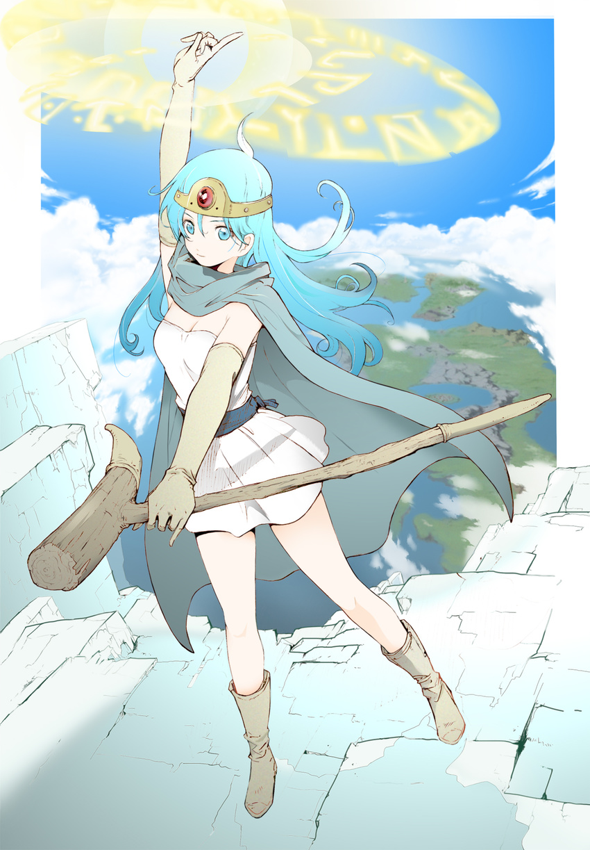 arm_up bad_id bad_pixiv_id blue_cape blue_eyes blue_hair blue_sky boots breasts brown_footwear brown_gloves cape circlet cleavage cliff closed_mouth cloud day dragon_quest dragon_quest_iii dress elbow_gloves foreshortening full_body gem gloves green_cape hair_between_eyes highres holding holding_staff index_finger_raised island knee_boots long_hair looking_at_viewer magic magic_circle medium_breasts no_socks ocean outdoors outstretched_arm outstretched_arms planet ruby_(stone) sage_(dq3) sash short_dress sideways_glance sky smile solo staff strapless strapless_dress white_dress yoshinaga_yunosuke