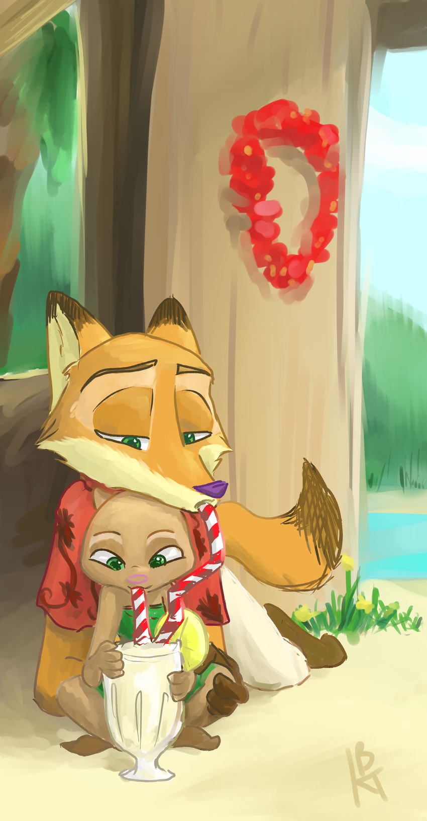 2017 anthro beverage canine clothed clothing cup disney drinking duo female fox green_eyes ittybittykittytittys kris_(zootopia) lei male mammal mustelid nick_wilde otter sand sitting straw water zootopia