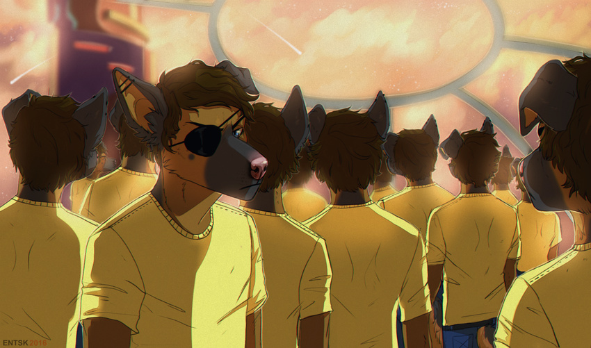 anthro brown_hair canine clothed clothing detailed_background dog entsk eye_patch eyewear group hair mammal morty_smith rick_and_morty