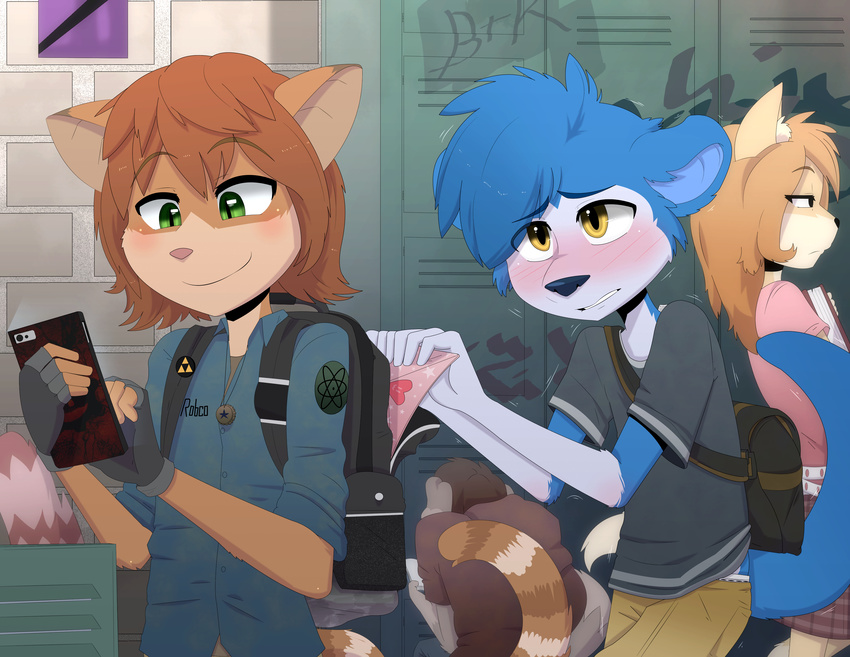 5_fingers anthro blue_fur blue_hair blue_nose canine clothed clothing detailed_background feline fingerless_gloves fur gloves gothbunnyboy green_eyes hair ketzio11 letter mammal phone smile standing teenager yellow_eyes young