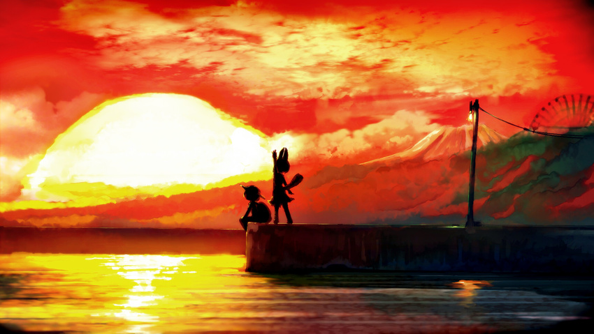animal_ears cloud commentary_request ferris_wheel hat highres kaban_(kemono_friends) kemono_friends lamppost mountain multiple_girls outdoors red_sky reflection scenery serval_(kemono_friends) serval_ears serval_tail short_hair silhouette sitting sky sun sunset tail water waving yoshioka_yoshiko