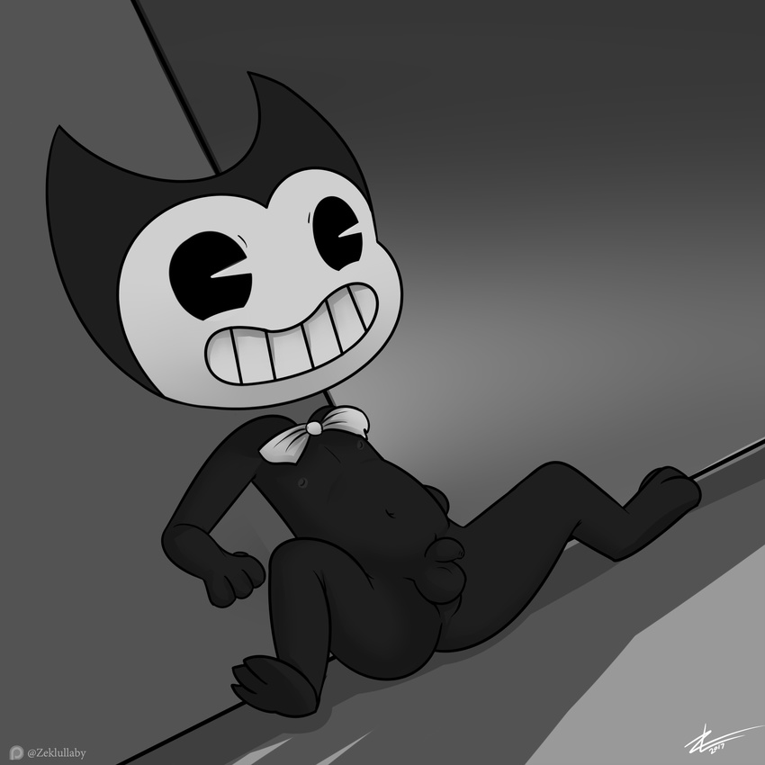 2017 anthro balls bendy bendy_and_the_ink_machine black_body cute demon digital_media_(artwork) happy humanoid looking_at_viewer male mammal nipples penis presenting simple_background smile solo young zekromlover