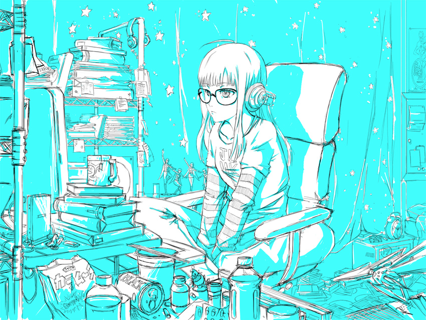 1girl ahoge alarm_clock animated animated_gif atelier_gokujou blinking book can chair chopsticks clock cup cup_ramen curtains glasses headphones indian_style indoors jack_frost jacket long_hair monitor monochrome mug open_mouth outstretched_arm persona persona_5 router sakura_futaba sitting sketch solo star striped yawning