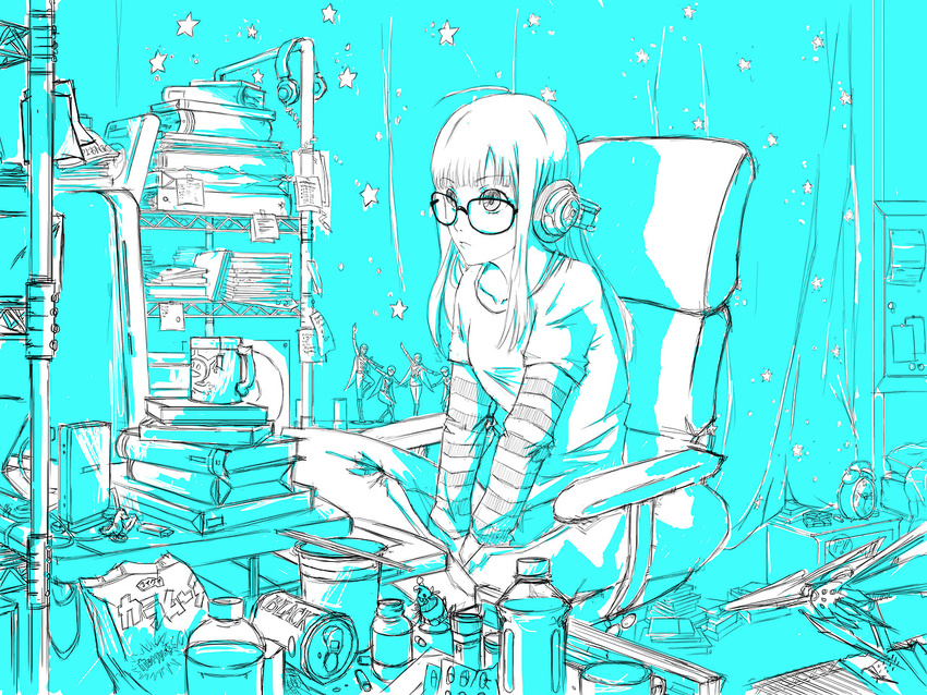 1girl ahoge alarm_clock atelier_gokujou book can chair chopsticks clock cup cup_ramen curtains glasses headphones indian_style indoors jack_frost jacket long_hair monitor monochrome mug persona persona_5 router sakura_futaba sitting sketch solo star striped