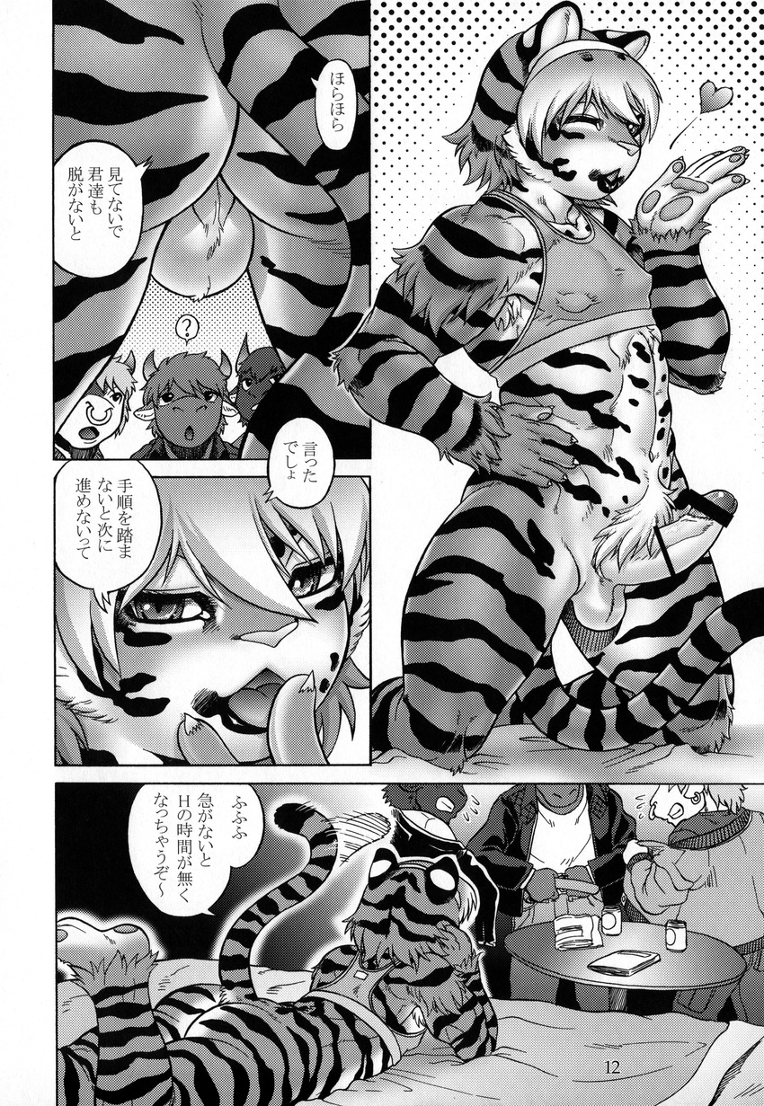 anthro aoi_takayuki balls bovine butt cattle clothing comic erection feline fur girly hair horn male mammal monochrome muscular open_mouth slut_kitty standing stripes tiger tongue underwear undressing