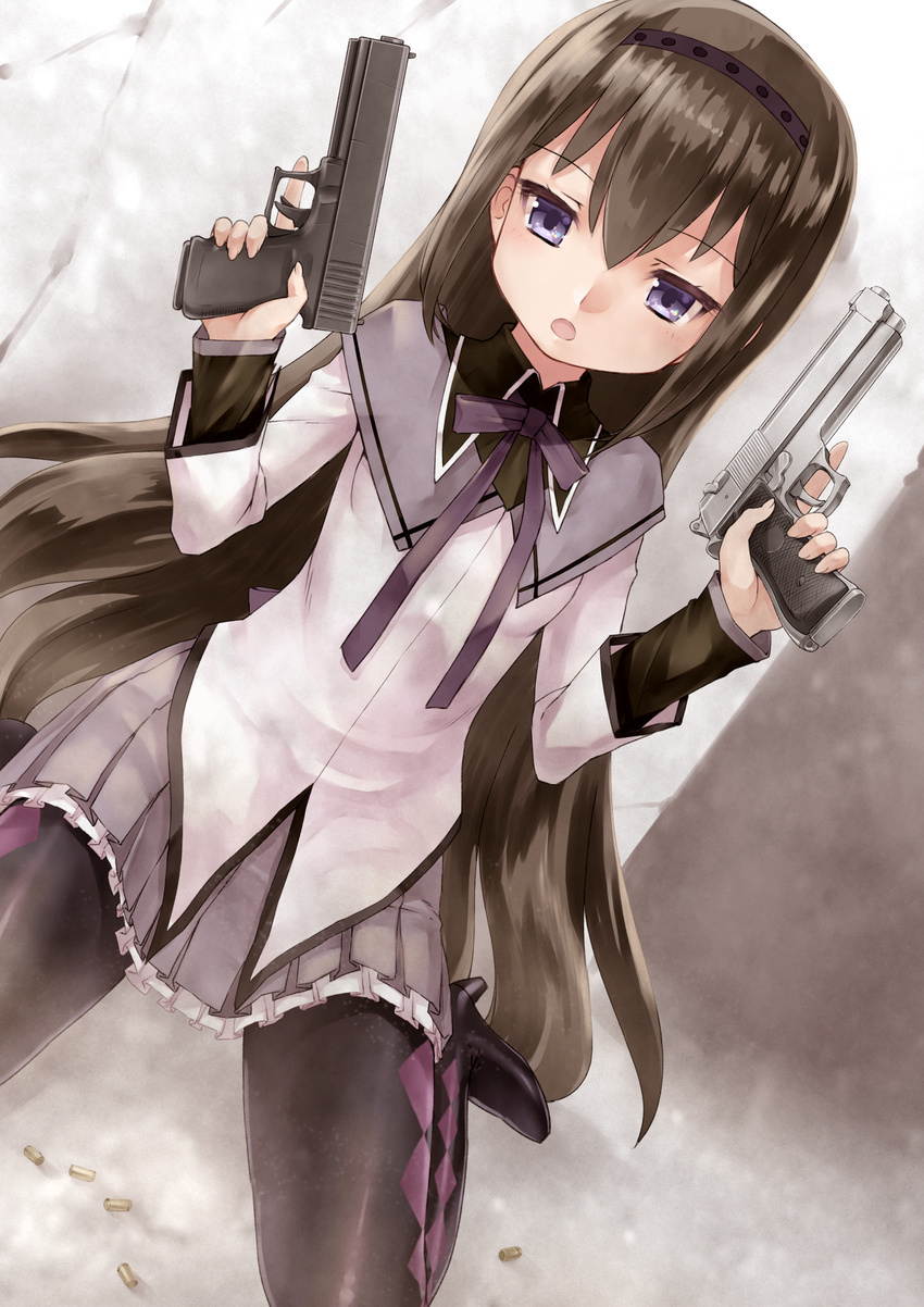 akemi_homura argyle argyle_legwear beretta_92 black_hair dual_wielding glock_17 gun hair_between_eyes handgun high_heels highres holding long_hair mahou_shoujo_madoka_magica open_mouth pantyhose purple_eyes rin2008 skirt solo weapon