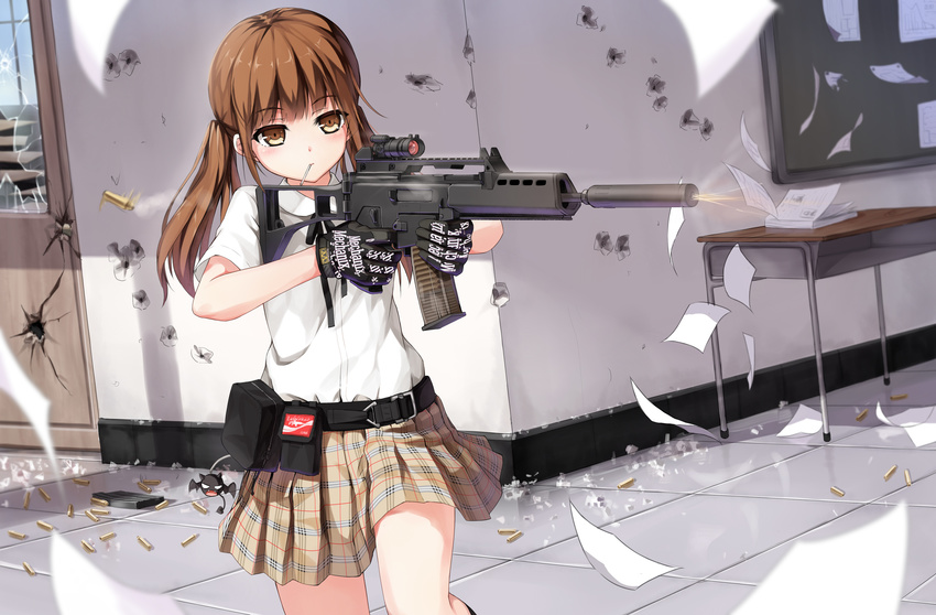 aiming assault_rifle belt broken_glass brown_eyes brown_hair bullet bullet_hole candy casing_ejection desk firing food g36k glass gloves gun heckler_&amp;_koch highres lollipop magazine_(weapon) original papers pouch revision rifle school school_uniform shell_casing skirt suppressor tile_floor tiles twintails weapon yuri_shoutu