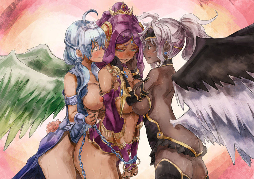 adapted_costume ahoge andromeda_(p&amp;d) armlet ass back black_legwear blue_eyes blue_hair blush boots bracelet bracer breast_press breasts breasts_outside chain circlet colored_pubic_hair crown dark_angel_metatron_(p&amp;d) dark_skin diadem dress durga_(p&amp;d) earrings eyeliner feathered_wings flower girl_sandwich green_eyes green_wings hair_ornament hands_on_another's_face jewelry large_breasts long_hair looking_down makeup multiple_girls multiple_wings necklace nipples open_mouth pubic_hair purple_hair puzzle_&amp;_dragons rose sandwiched silver_hair smile symmetrical_docking tan thigh_boots thighhighs wings yohane